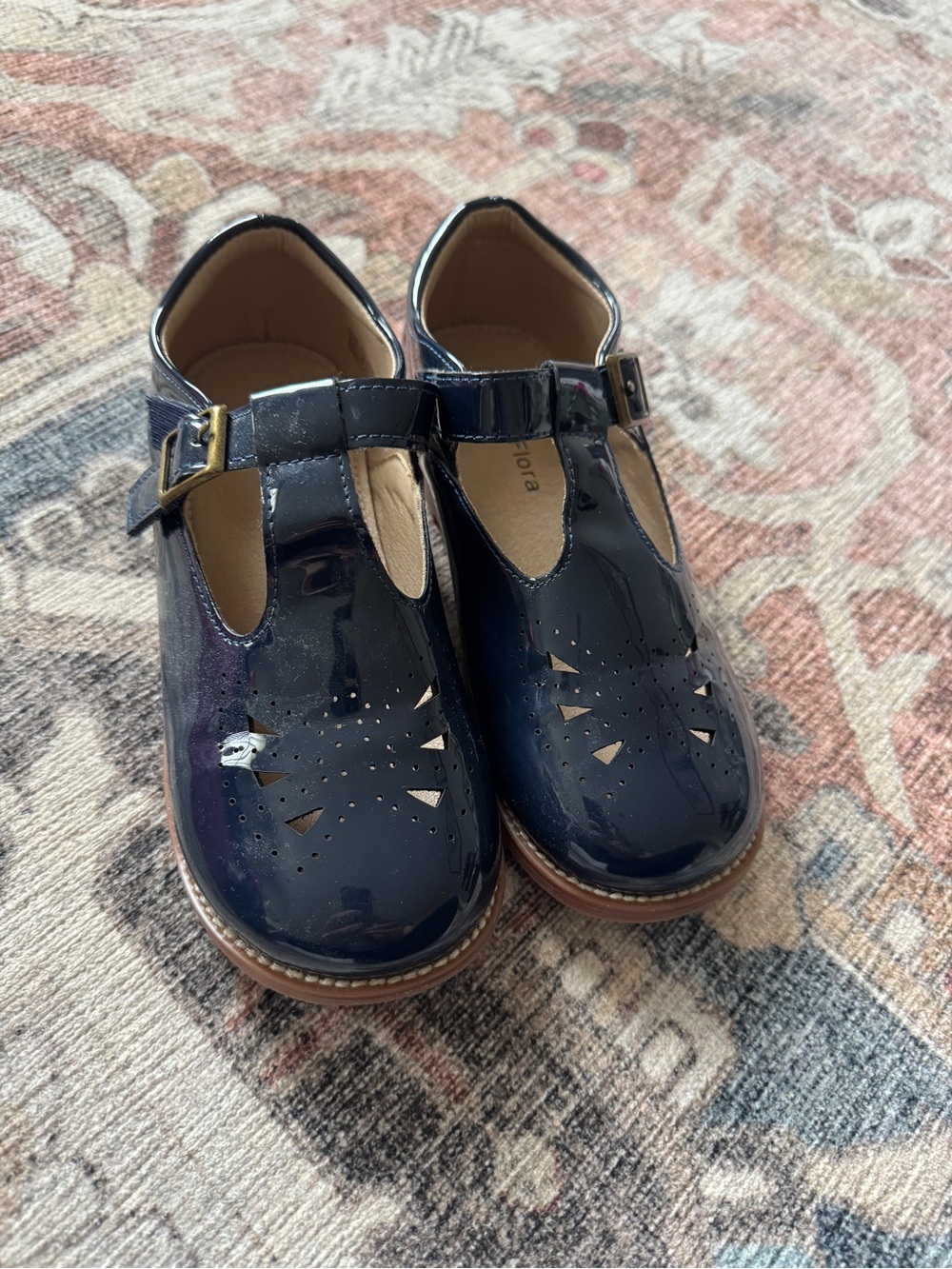 Girls Navy Patent T-Strap Dress Shoes with Perforated Detail
